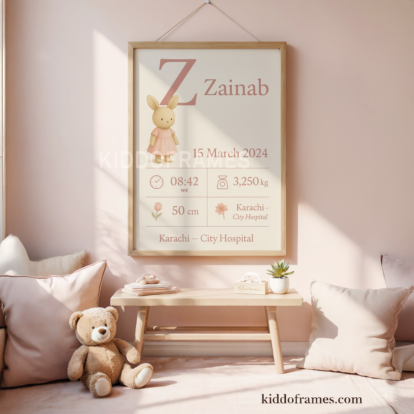 Blush Bunny Birth Stats — Personalized Baby Poster (Warm Cream)